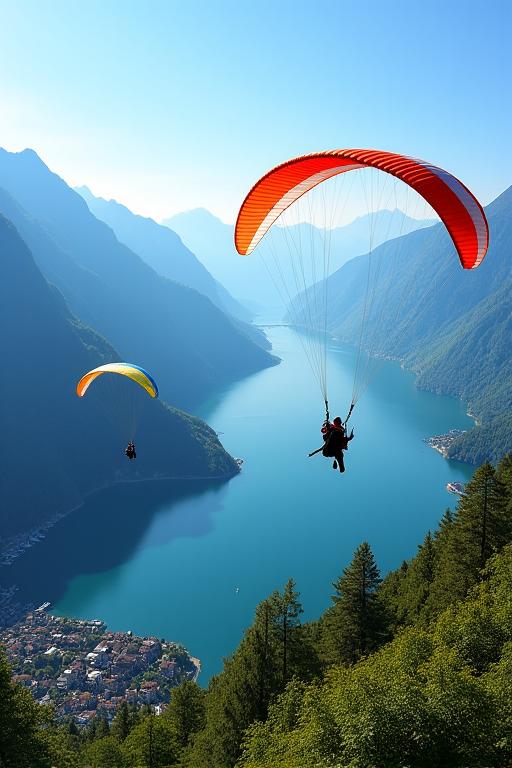 Paragliders soaring over Interlaken with Lake Thun in the background.