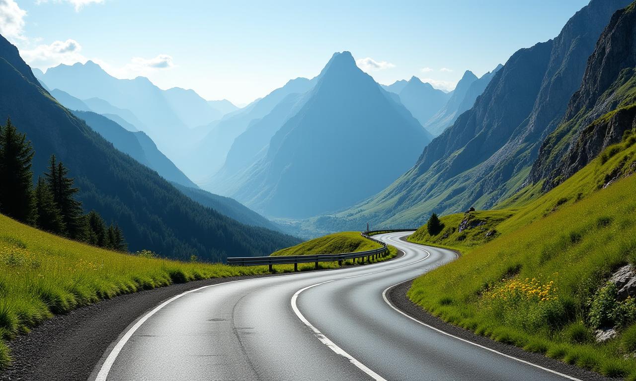 Scenic view of a winding road in the Swiss Alps during summer