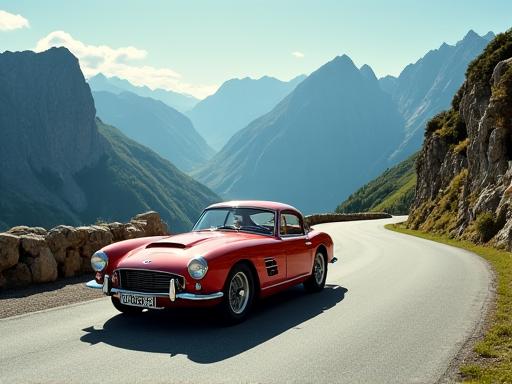 A classic car navigating the Furka Pass in Switzerland.