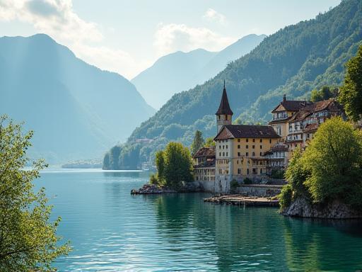 A charming Swiss village on the shore of Lake Geneva.